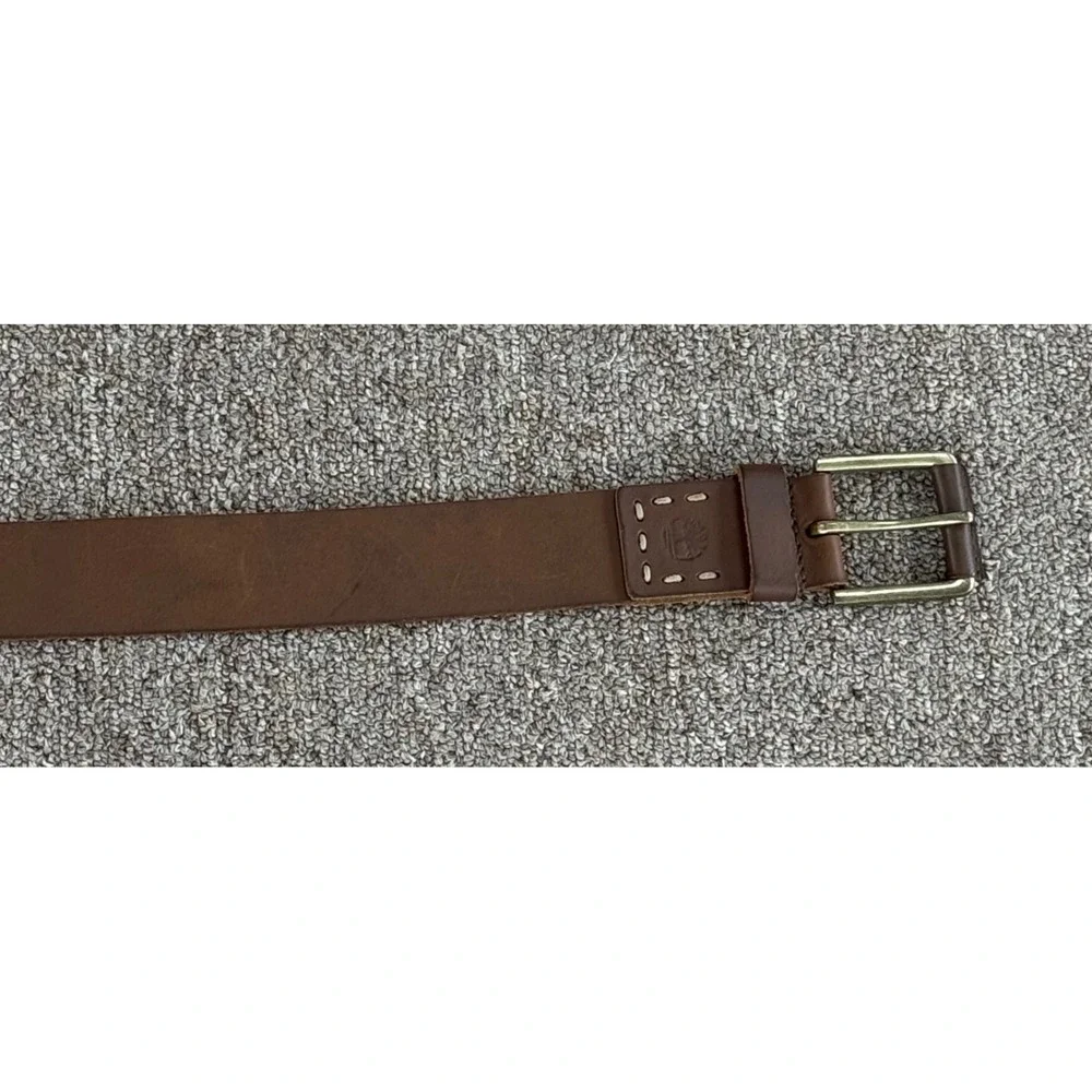 Timberland Mens‎ Brown Genuine Leather Belt Size 36 Brass Buckle Logo Embossed